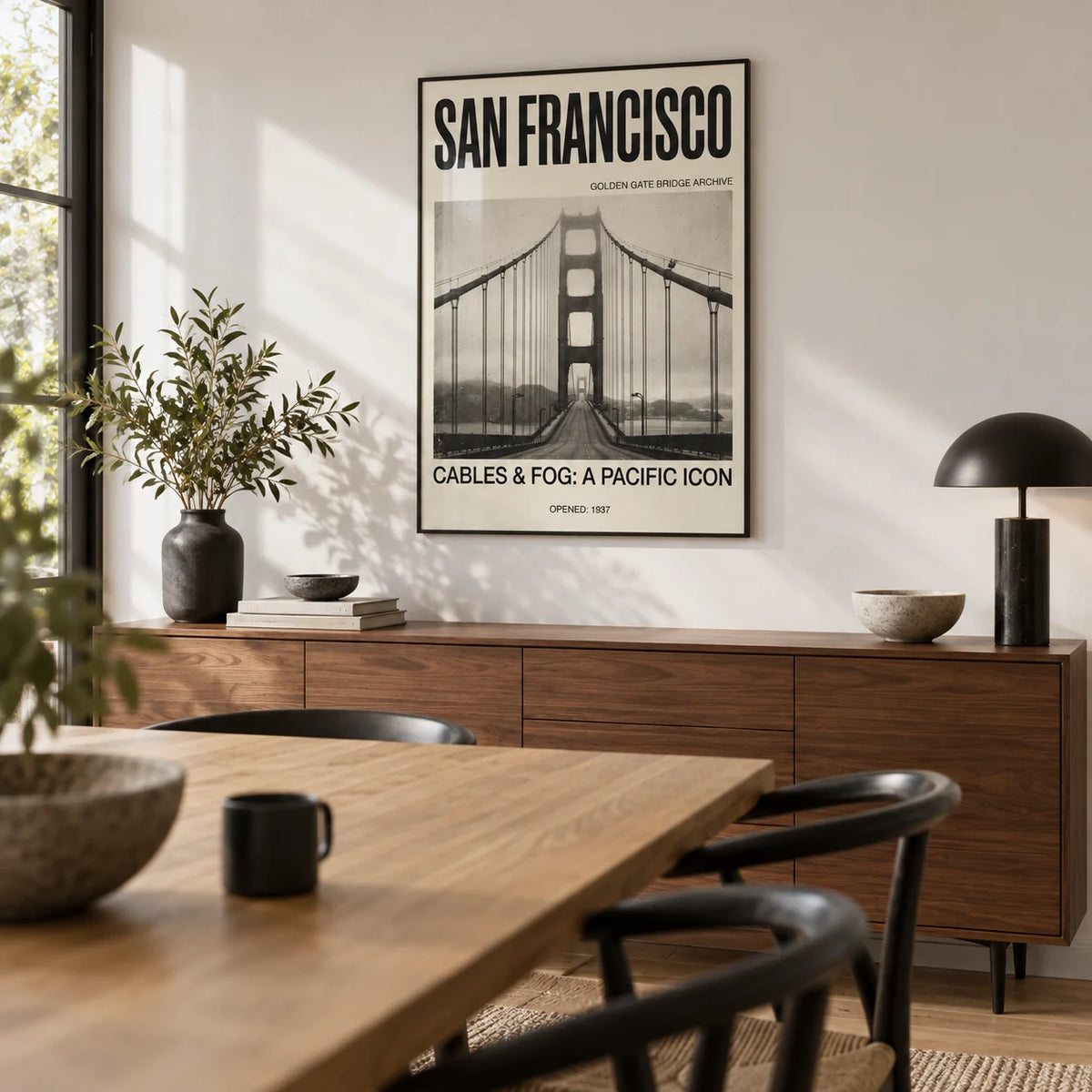 Golden Gate Bridge Art Print, framed on the wall of a modern dining room with a white wall