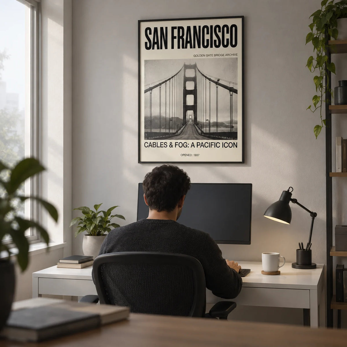 Golden Gate Bridge Art Print, framed on the wall of a tech worker's home office with a light grey wall