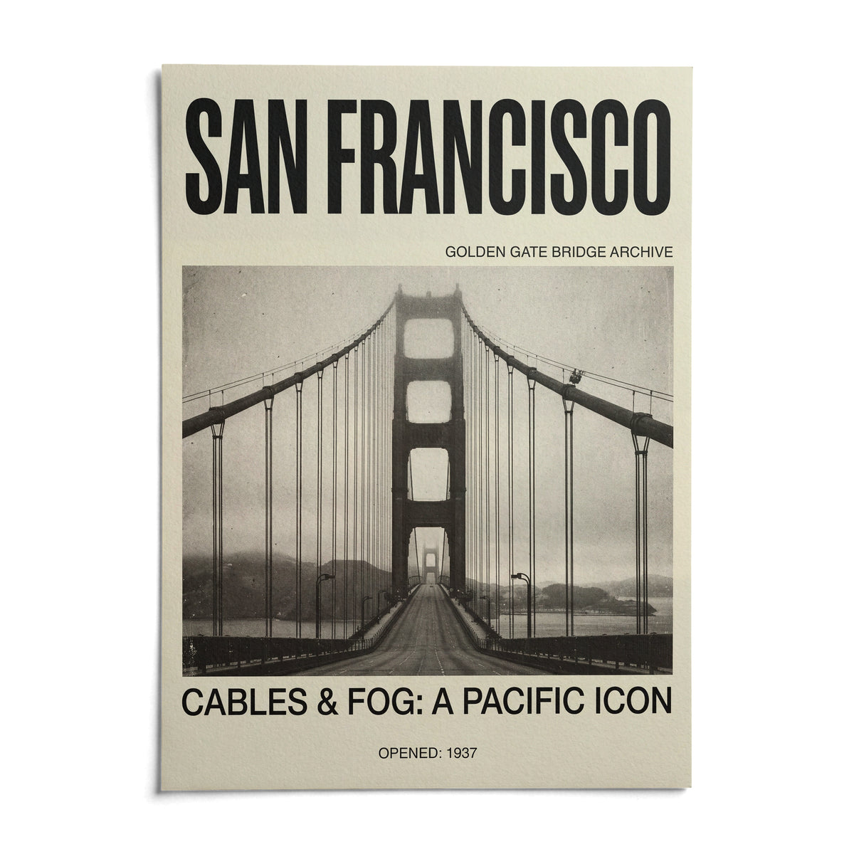 Golden Gate Bridge Art Print, shown as an unframed paper print on a plain white background