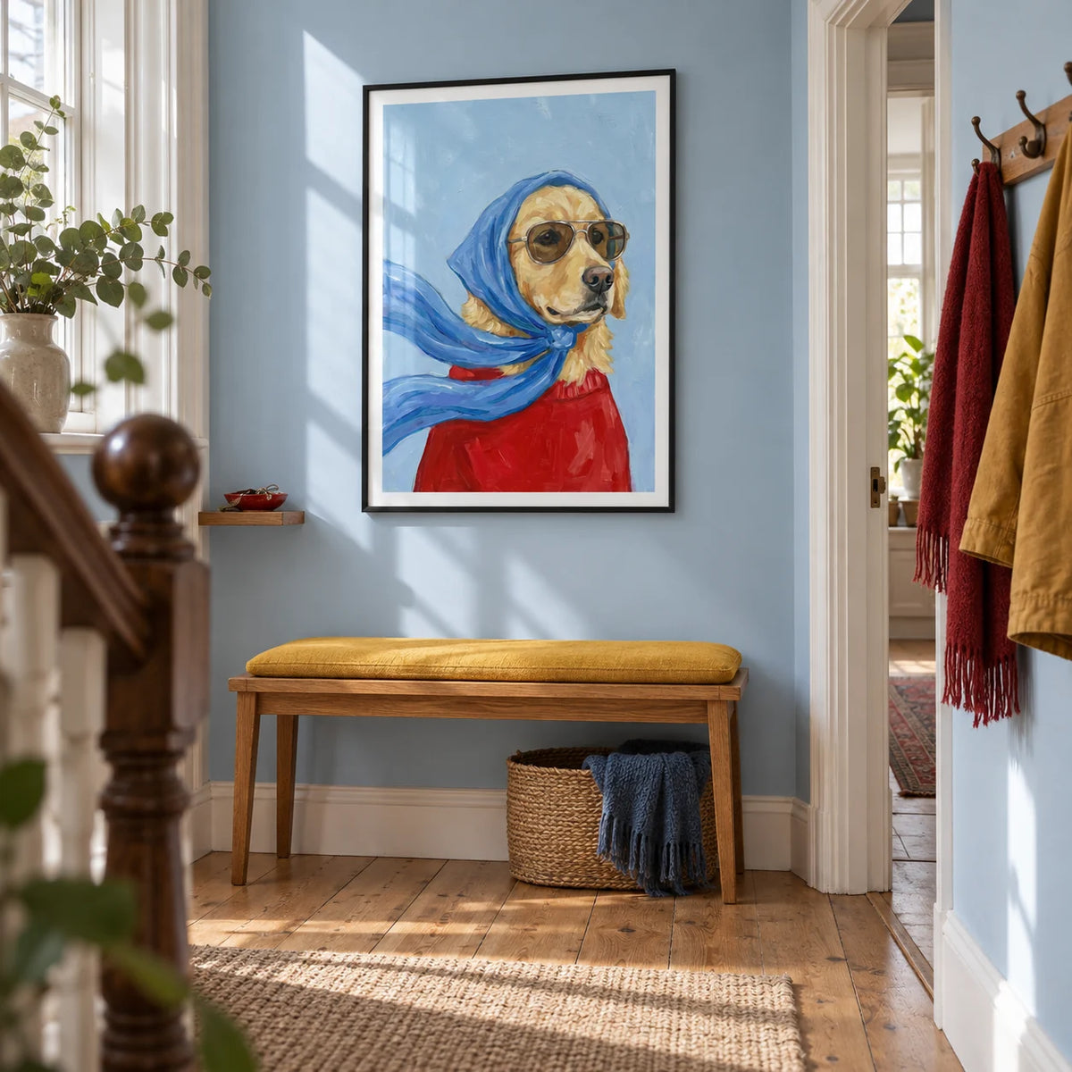 Golden Retriever Art, framed on the wall of a bright hallway in a Victorian terrace with pale blue walls and natural timber floorboards