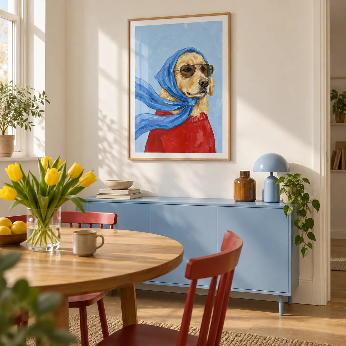 Golden Retriever Art, framed on the wall of a modern dining nook in a UK flat with a warm white wall and pale oak flooring