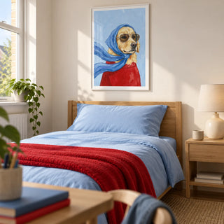 Golden Retriever Art, framed on the wall of a playful contemporary single bedroom for a young adult dog lover (18-25) in a UK home