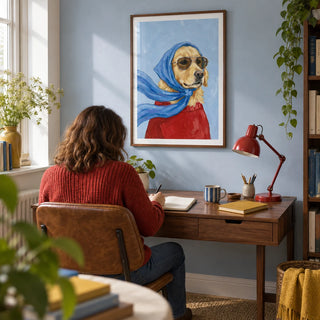 Golden Retriever Art, framed on the wall of a relaxed home study in a terraced house with a pale blue wall
