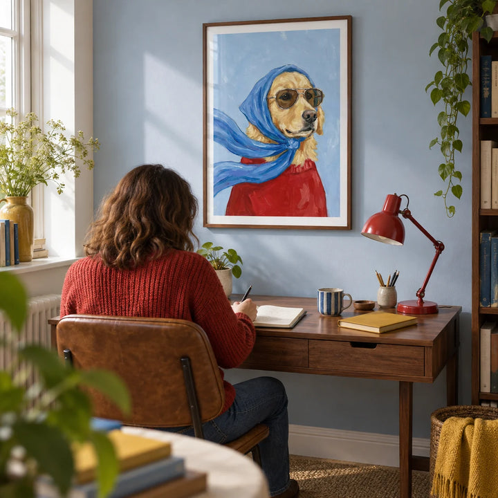Golden Retriever Art, framed on the wall of a relaxed home study in a terraced house with a pale blue wall