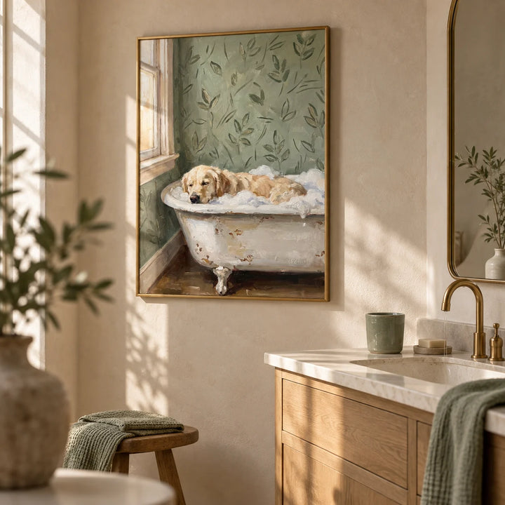 Golden Retriever Wall Art, framed on the wall of a calm en-suite with warm plaster walls in a bathroom