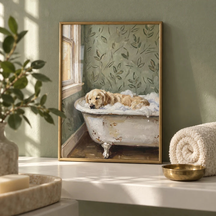 Golden Retriever Wall Art, a small A4 framed print leaning on a white shelf in a bathroom