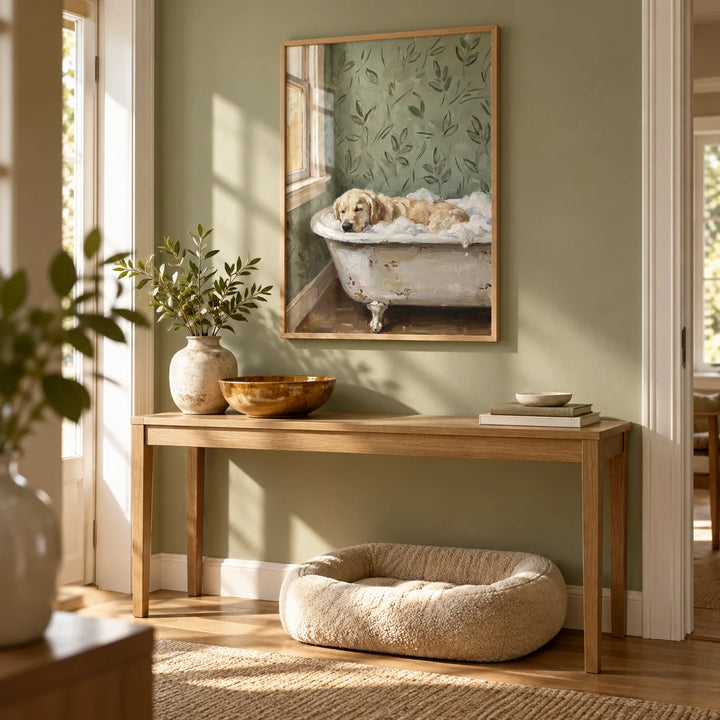 Golden Retriever Wall Art, framed on the wall of a warm hallway with a soft sage wall