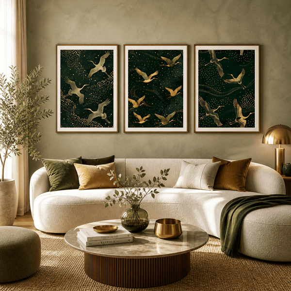 Living room with a white sofa, decorative pillows, and framed artwork on the wall.
