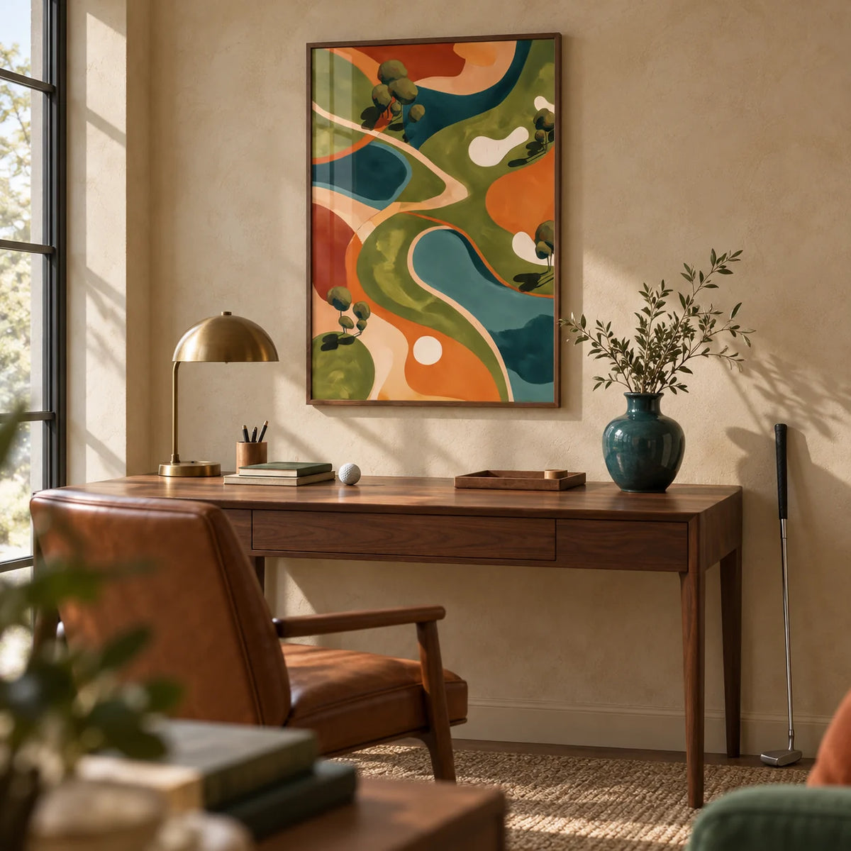 Golf Abstract Wall Art, framed on the wall of a golfer's study with a sand coloured limewashed wall