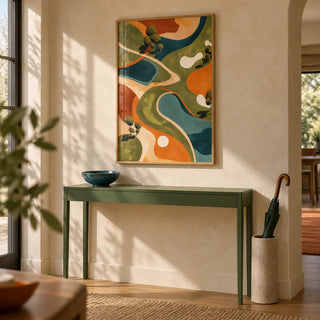 Golf Abstract Wall Art, framed on the wall of a hallway with a soft sand limewashed wall
