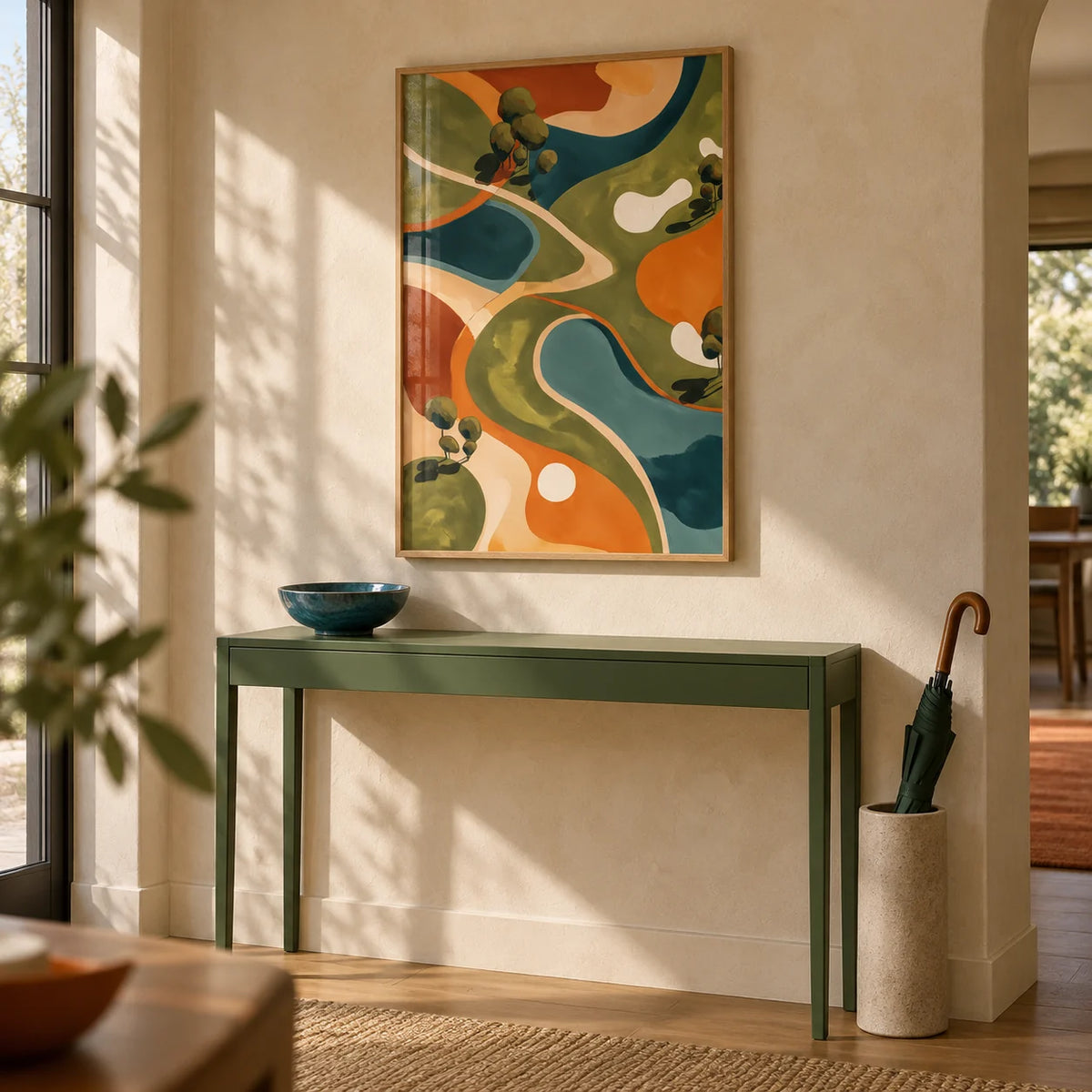 Golf Abstract Wall Art, framed on the wall of a hallway with a soft sand limewashed wall
