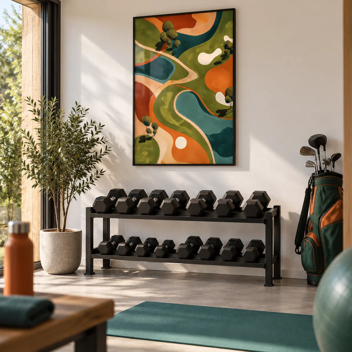 Golf Abstract Wall Art, framed on the wall of a home gym in a garden room with a white wall
