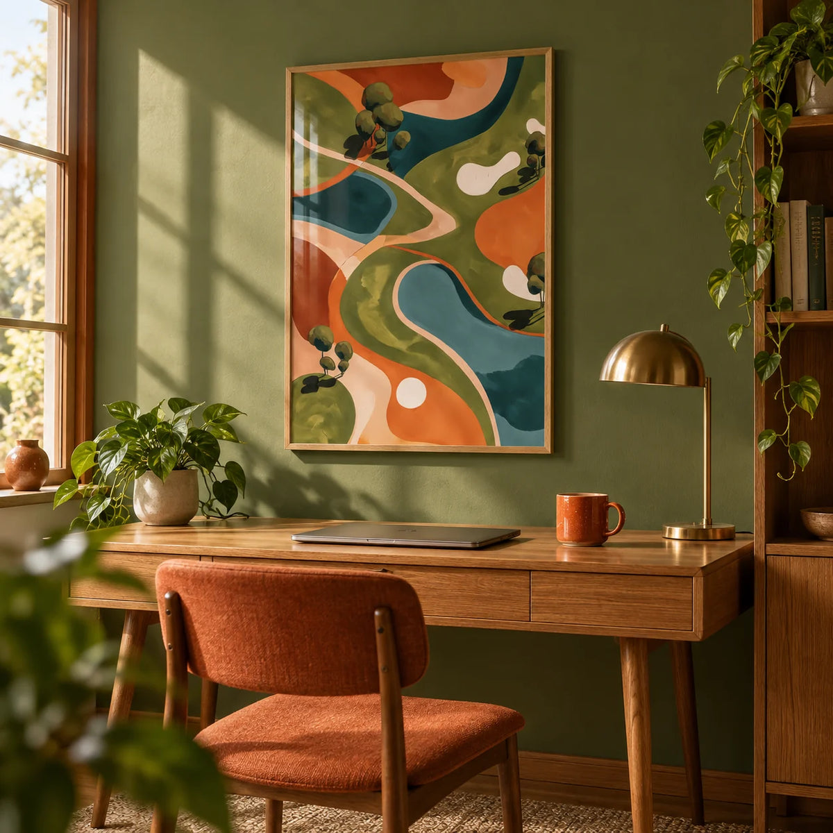 Golf Abstract Wall Art, framed on the wall of a mid-century home office with a fairway green painted wall