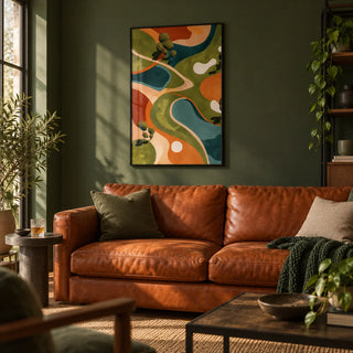 Golf Abstract Wall Art, framed on the wall of a relaxed man cave with a deep green painted wall in a living room