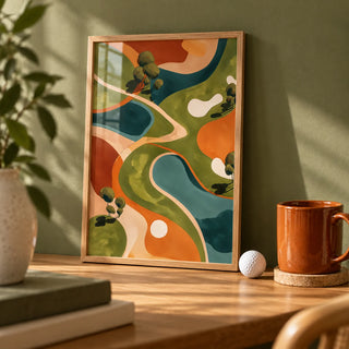 Golf Abstract Wall Art, a small A4 framed print leaning on an oak desk