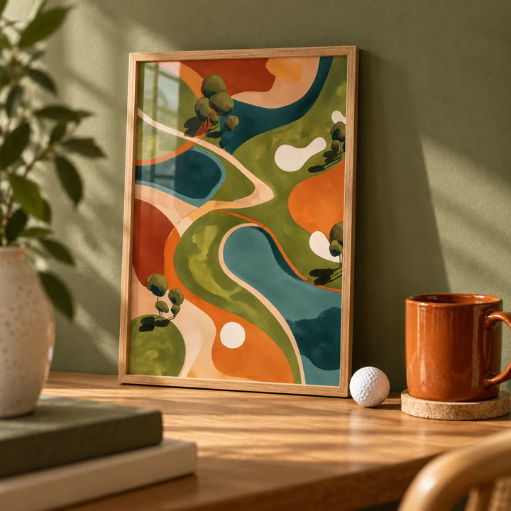 Golf Abstract Wall Art, a small A4 framed print leaning on an oak desk