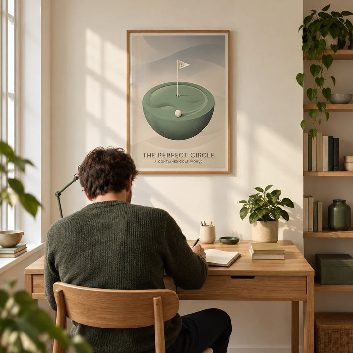 Golf Art Print, framed on the wall of a contemporary home study in a UK terraced house with a warm white wall and oak floor