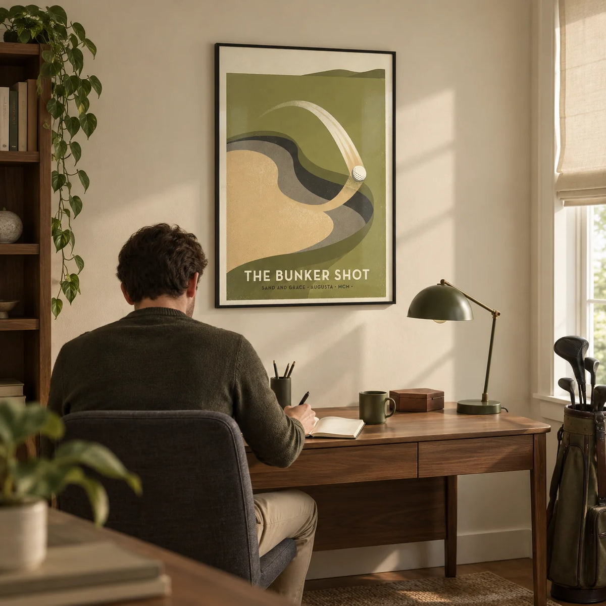 Golf Bunker Art Print, framed on the wall of a golf enthusiast's compact home study with a pale sand wall and walnut furniture