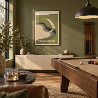Golf Bunker Art Print, framed on the wall of a grown-up games room in a UK semi-detached house with an olive green wall and warm timber floor