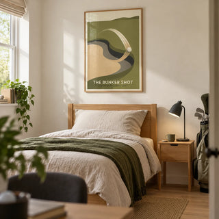 Golf Bunker Art Print, framed on the wall of a young adult golfer's single bedroom (18-25) in a UK family home with a cream wall and pale oak floor