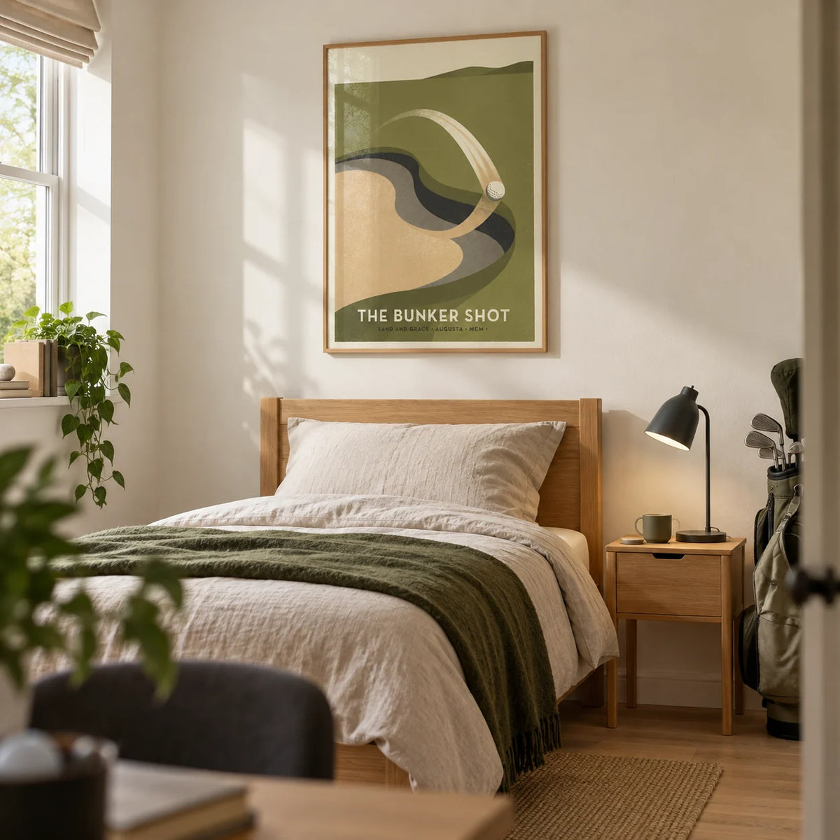 Golf Bunker Art Print, framed on the wall of a young adult golfer's single bedroom (18-25) in a UK family home with a cream wall and pale oak floor