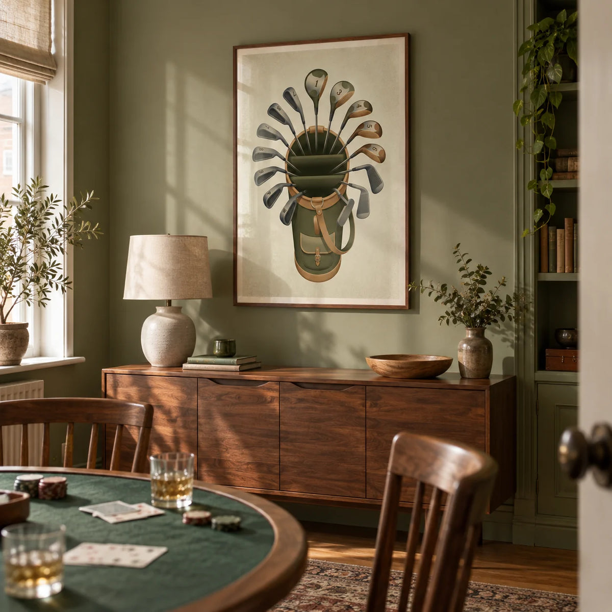 Golf Clubs Wall Art, framed on the wall of a characterful spare-room games room in a UK terraced house with muted olive walls and warm wood flooring in a living room