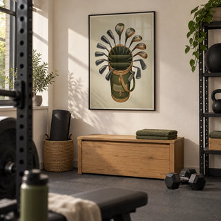 Golf Clubs Wall Art, framed on the wall of a compact home gym in a converted British garage with warm white walls and plain grey rubber flooring