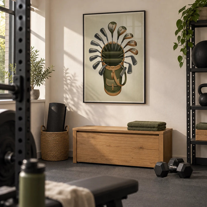 Golf Clubs Wall Art, framed on the wall of a compact home gym in a converted British garage with warm white walls and plain grey rubber flooring