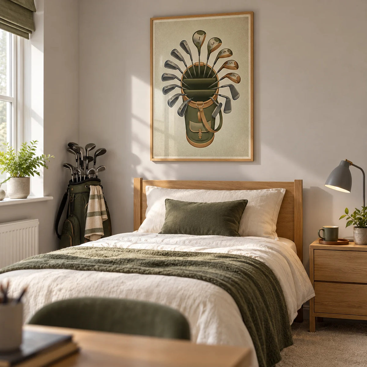 Golf Clubs Wall Art, framed on the wall of a golf-loving older teenager's single bedroom (16-17) in a UK family home with pale warm grey walls