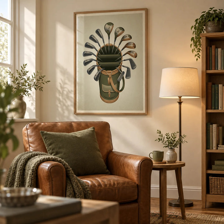 Golf Clubs Wall Art, framed on the wall of a relaxed golf-loving homeowner's snug with warm cream walls and a low oak bookcase in a living room