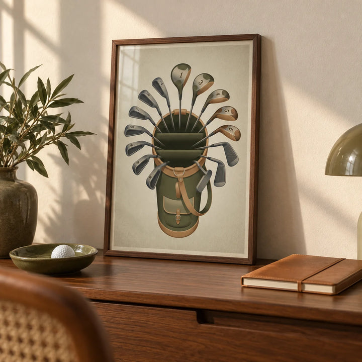 Golf Clubs Wall Art, a small A4 framed print leaning on a walnut desk