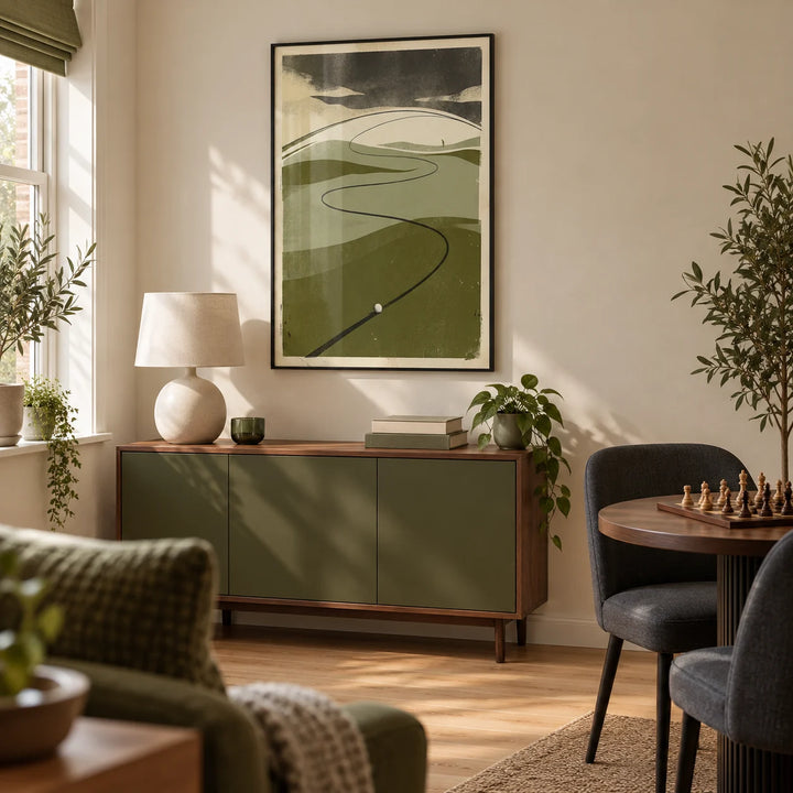 Golf Course Art Print, framed on the wall of a compact converted spare-room games room in a UK semi-detached home with warm white walls and a plain oak floor