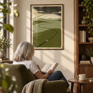 Golf Course Art Print, framed on the wall of a quiet reading corner in a mature golfer's home with a cream plaster wall and walnut shelving in a living room
