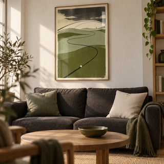 Golf Course Art Print, framed on the wall of a relaxed living room in a golf enthusiast's first flat (22-28)