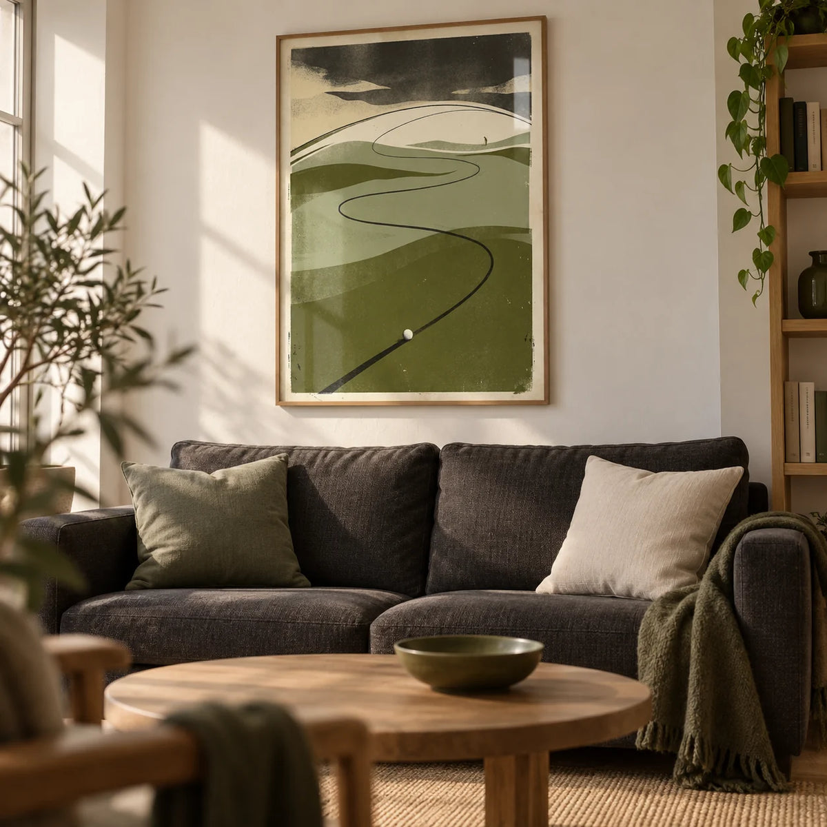 Golf Course Art Print, framed on the wall of a relaxed living room in a golf enthusiast's first flat (22-28)