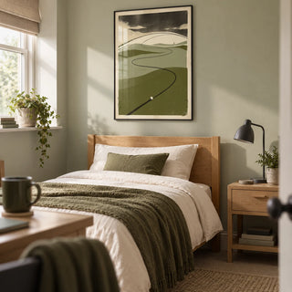 Golf Course Art Print, framed on the wall of a tidy single bedroom for a young adult golf enthusiast (18-24) in a UK family home with a pale sage wall