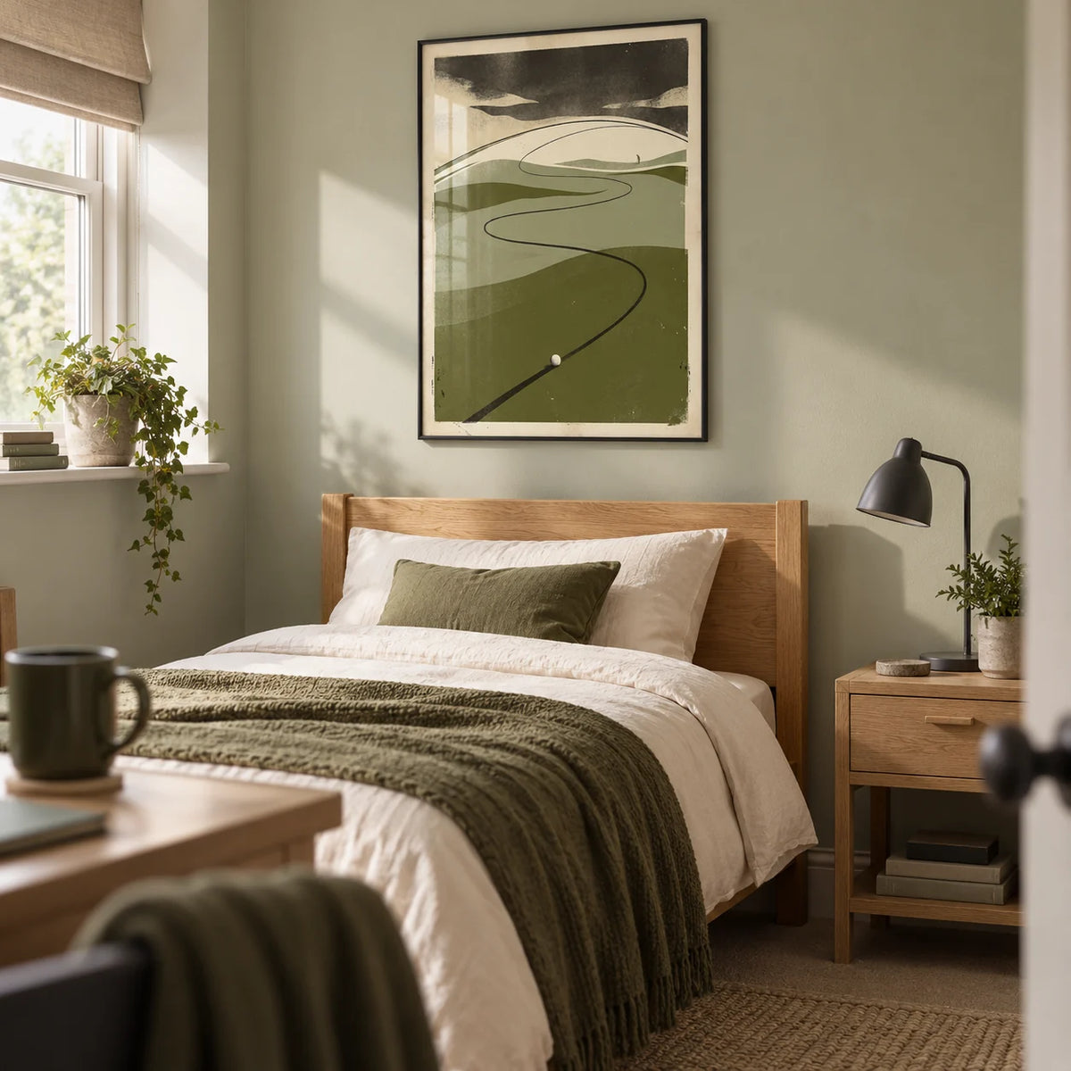 Golf Course Art Print, framed on the wall of a tidy single bedroom for a young adult golf enthusiast (18-24) in a UK family home with a pale sage wall