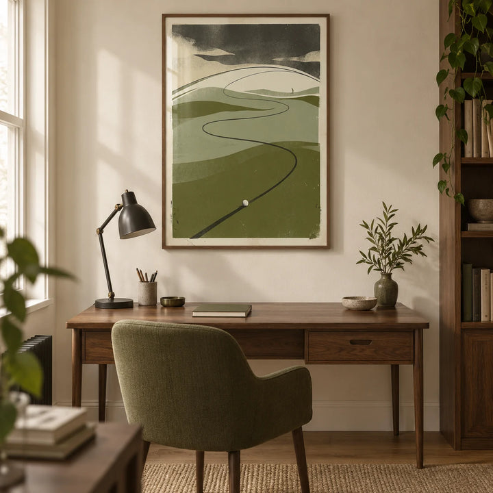 Golf Course Art Print, framed on the wall of a warm modern home study in a UK terraced house with a cream wall and oak floor