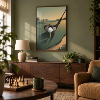 Golf Driver Art Print, framed on the wall of a relaxed adult games room in a converted UK spare room with a muted sage wall