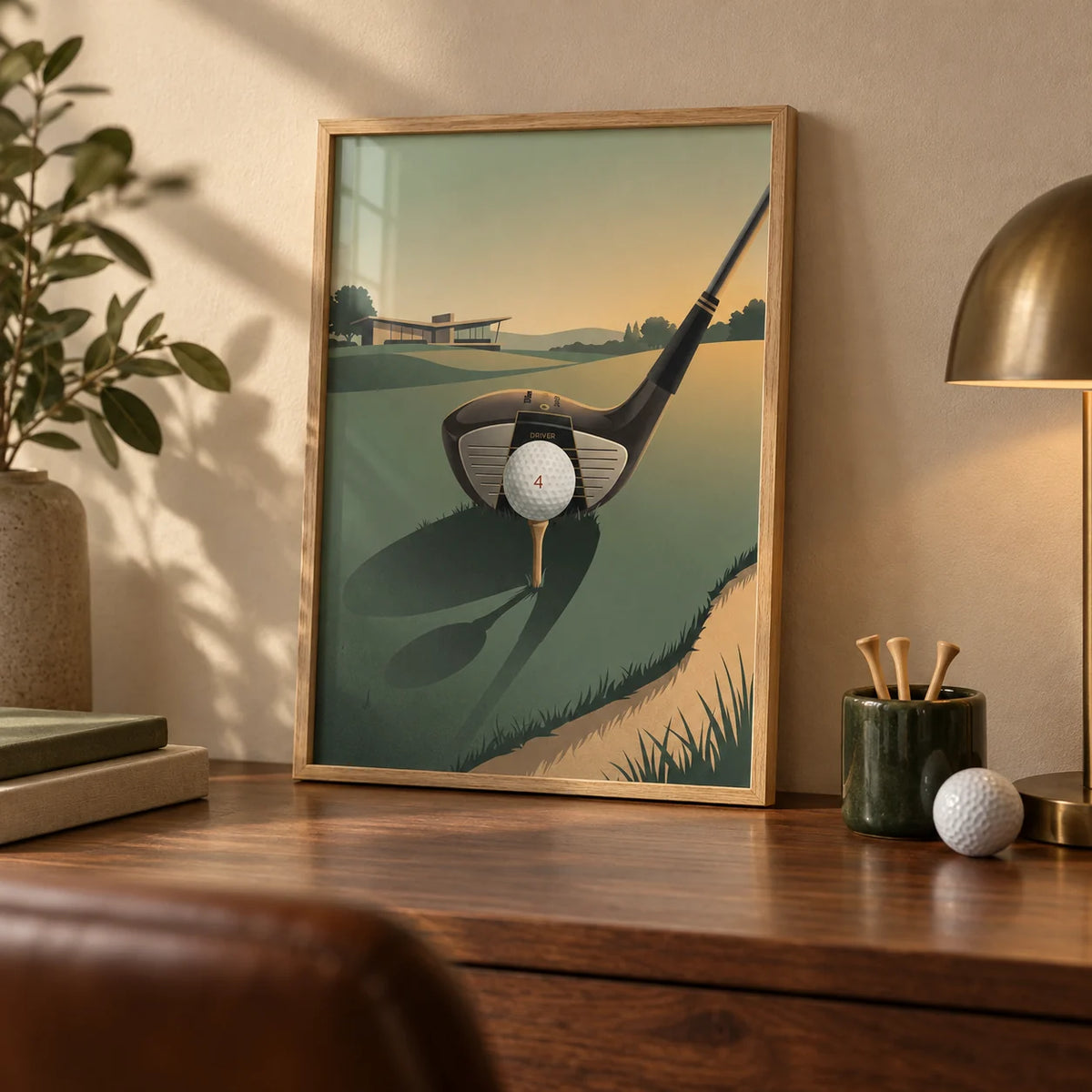 Golf Driver Art Print, a small A4 framed print leaning on a walnut desk