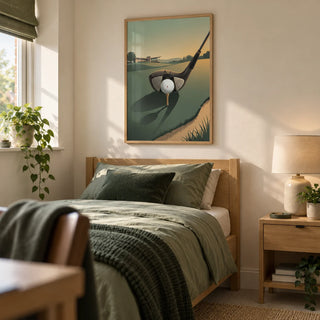 Golf Driver Art Print, framed on the wall of a tidy single bedroom for a young adult golf enthusiast (18-25) in a UK family home with a warm white wall