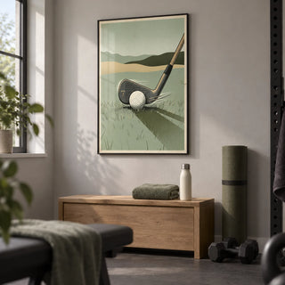 Golf Iron Seven Print, framed on the wall of a compact home exercise room in a UK house with pale grey walls and a plain charcoal rubber floor