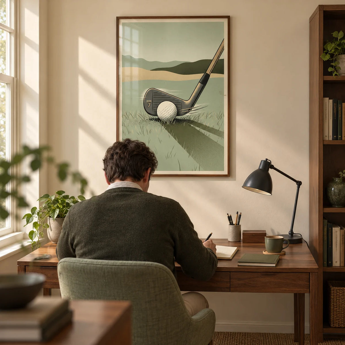 Golf Iron Seven Print, framed on the wall of a quiet home study in a British semi-detached house with warm cream walls and walnut furniture