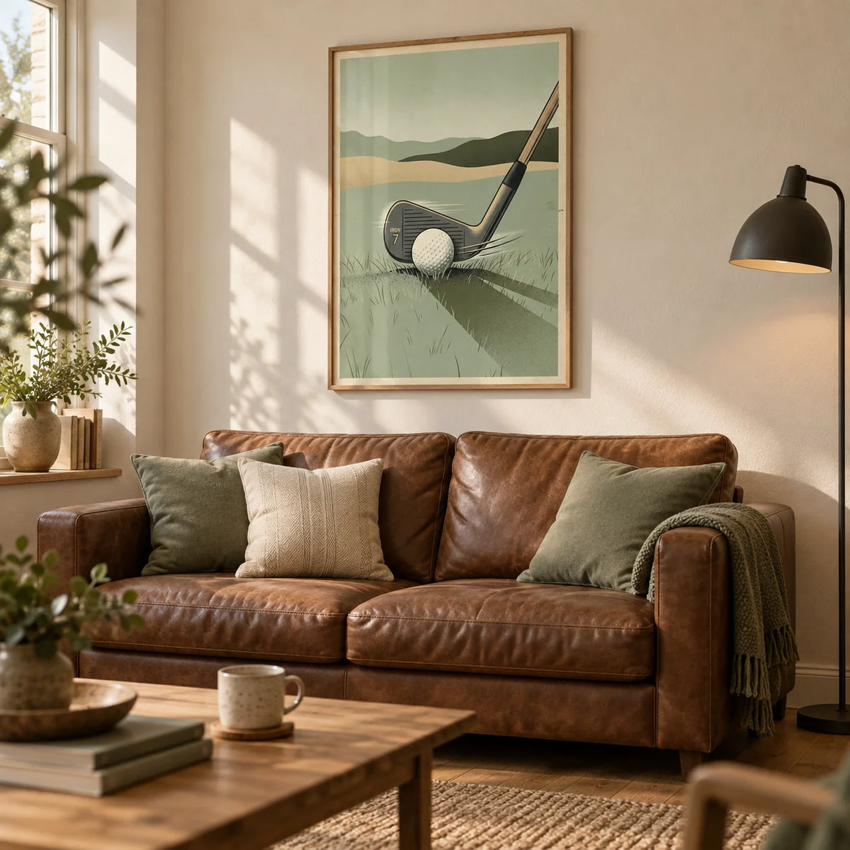 Golf Iron Seven Print, framed on the wall of a relaxed living room in a golfer's UK home with a cream plaster wall and oak floor
