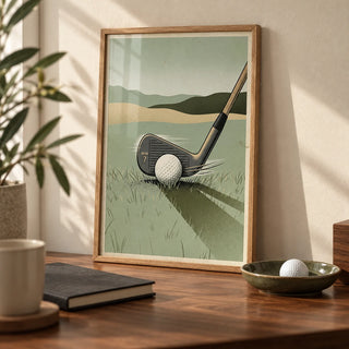 Golf Iron Seven Print, a small A4 framed print leaning on a walnut desk