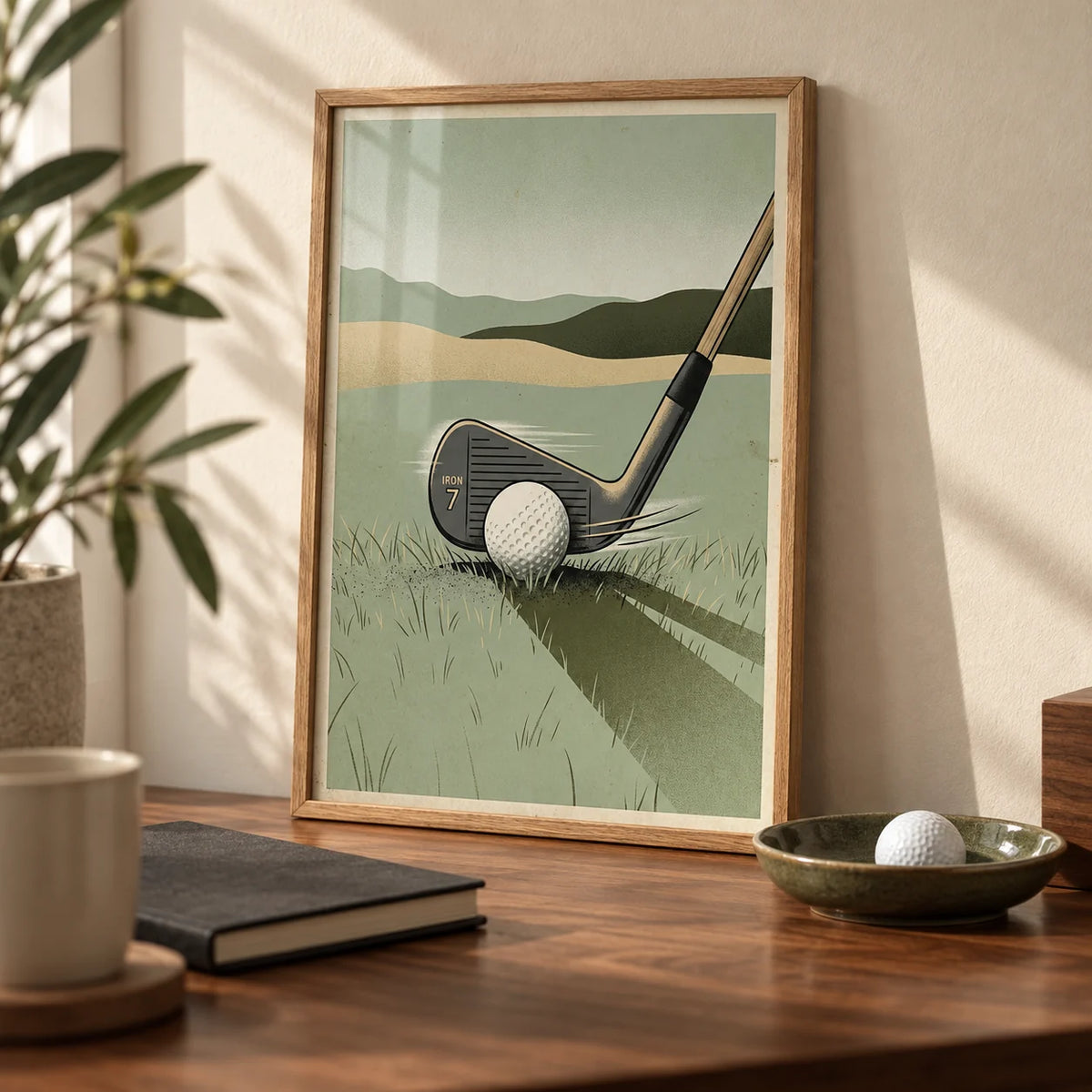 Golf Iron Seven Print, a small A4 framed print leaning on a walnut desk
