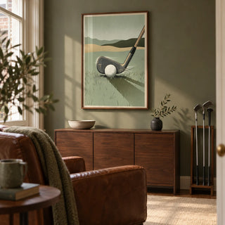 Golf Iron Seven Print, framed on the wall of a small golf enthusiast's snug in a British terraced house with muted olive walls and a plain cream wool rug in a living room