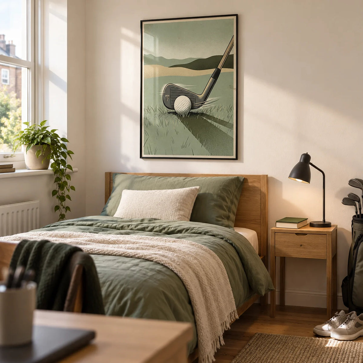 Golf Iron Seven Print, framed on the wall of a tidy single bedroom for a golf-loving university student (18-21) in a UK shared house with warm white walls