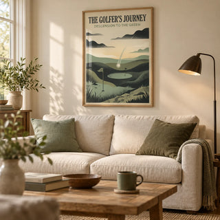 Golf Landscape Art Print, framed on the wall of a relaxed living room in a golf enthusiast’s UK home with warm ivory walls and a low oak coffee table