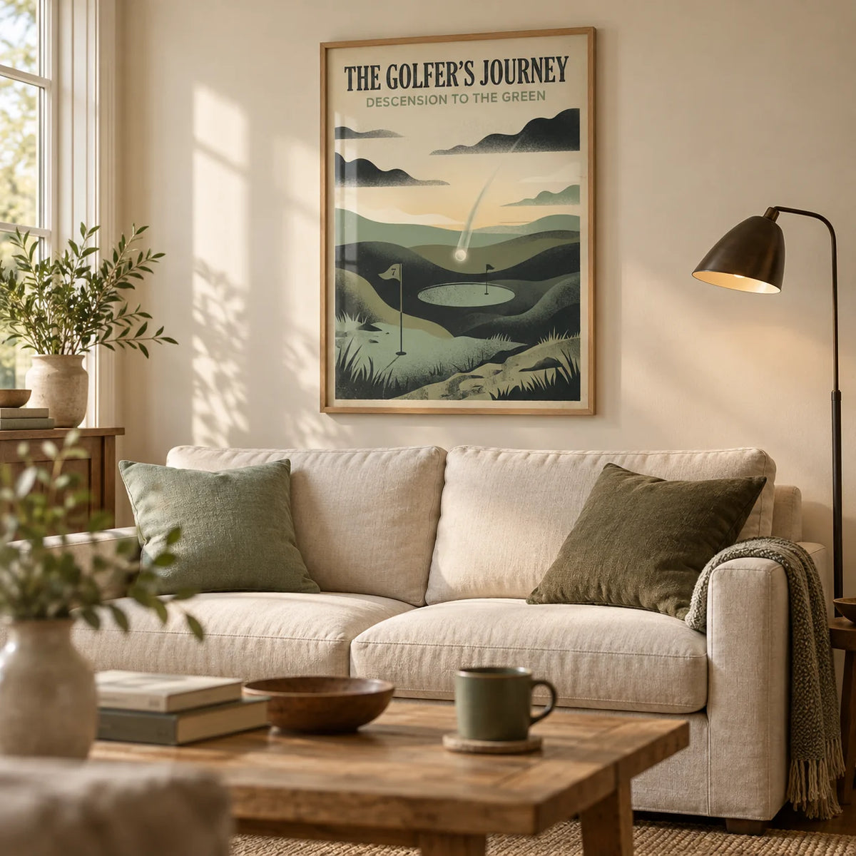 Golf Landscape Art Print, framed on the wall of a relaxed living room in a golf enthusiast’s UK home with warm ivory walls and a low oak coffee table